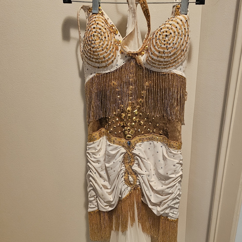 Gold and White Beaded Fringe Dress For Latin. Rhythm, Or Showcase